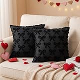 HunnmingRe Set of 2 18x18 Bow Pillow Throw Covers, Coquette Aesthetic Valentine Decor, Soft Plush Faux Fur Bowknot Pillow Case, Preppy Cute Girly Room Decorative for Couch Sofa Bed Bedroom(Black)