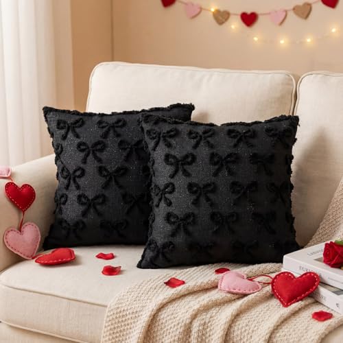 HunnmingRe Set of 2 18x18 Bow Pillow Throw Covers, Coquette Aesthetic Valentine Decor, Soft Plush Faux Fur Bowknot Pillow Case, Preppy Cute Girly Room Decorative for Couch Sofa Bed Bedroom(Black)