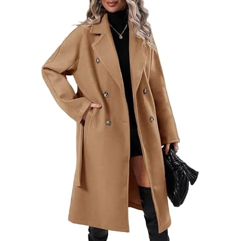 Danedvi Women Elegant Wool Pea Coat Lapel Collar Double Breasted Mid-Long Winter Overcoats with Belted Pockets Cover