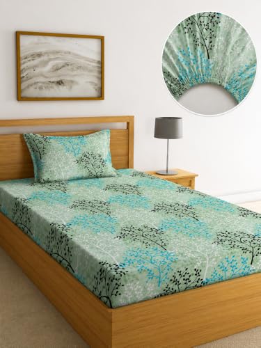 Image of la' amour Single Size Fitted Bedsheet with 1 Pillow Cover, Soft Breathable Elastic Bed Sheet for Single Bed, Premium Printed Bedsheet with All Around Elastic - 36 x 72 + 6 Inches, Sage Aqua Branch