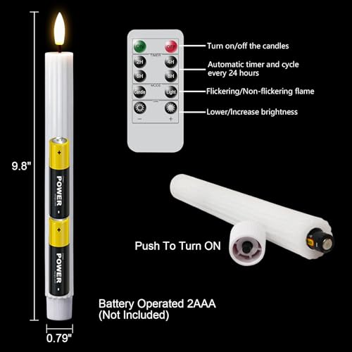 Image of White Flameless Flickering Taper Candles Battery Operated with Remote and Timer, 3D Wick Real Wax Vertical Stripe LED Candlesticks Spring Dinner Wedding Home Decor(3 Pack, 0.79 inch D x 9.8 inch H)