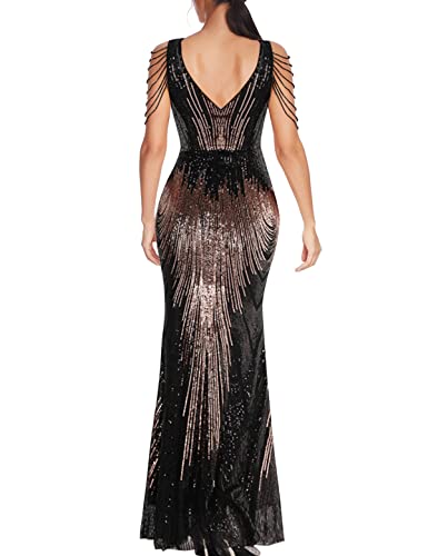 Image of Women 1920s Plus Size Formal Dress Tassels Sleeve Sequins Gatsby Maxi Evening Gown