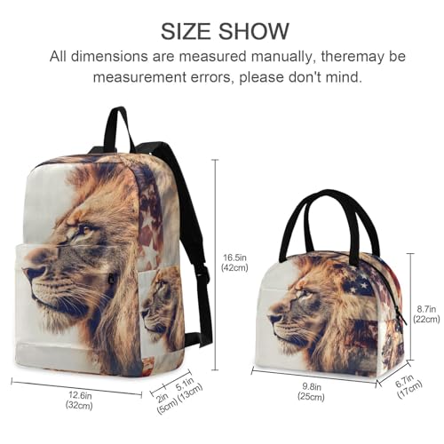 Backpack Lunch Bag Set American Lion Portrait Print, Big Storage Travel Backpacks with Insulated Lunch Box for Office Hiking Picnic2