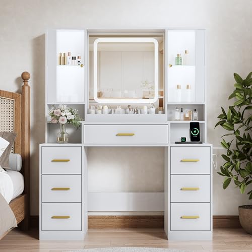 Image of BORNOON Vanity Desk with Mirror and Lights, Makeup Vanity with 7 Drawers, 2 Glass Door Cabinets, Charging Station, Adjustable Shelves, RGB Lighting, Holder