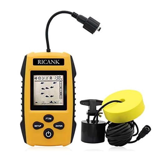 RICANK Portable Fish Finder, Contour Readout Handheld Fishfinder Depth readout 3ft(1m) to 328ft (100m) with Sonar Sensor Transducer and LCD Display 5 Modes Sensitivity Options Fish Depth Finder Yellow