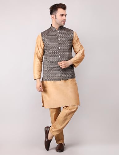Image of Men's Cotton Silk Blend Regular Kurta Pyjama, Embroidered Nehru Jacket /Waistcoat Set