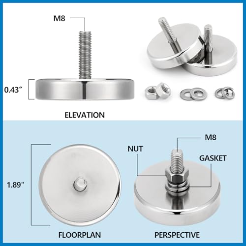 Image of Flutesan 8 Pieces Heavy Duty Round Mounting Magnet with Bolt 1.89in-240lb-M8 Silver with Male Thread Stud Strong Magnet Super Powerful for Lighting Camera Brackets License Plate