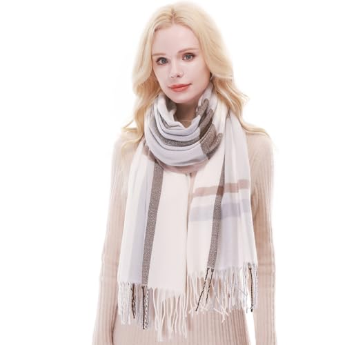 RIIQIICHY Plaid Scarf for Women Fall Winter Pashmina Scarves Wraps for Cold Weather Warm Large Ivory/Dusty Blue/Brown