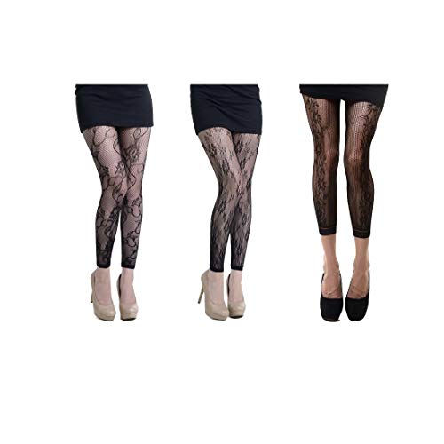 Killer Legs Womens Sheer Fishnet Footless Ankle Tights - 3 Pairs - Roseland, Roses, Floral 749 751 1294