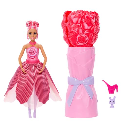 Barbie Petal Pop Scented Doll with Rose Dress & Accessories, Bouquet Reveal with Pet Bunny & Surprises Like Watering Can, Necklace & Earrings​​​