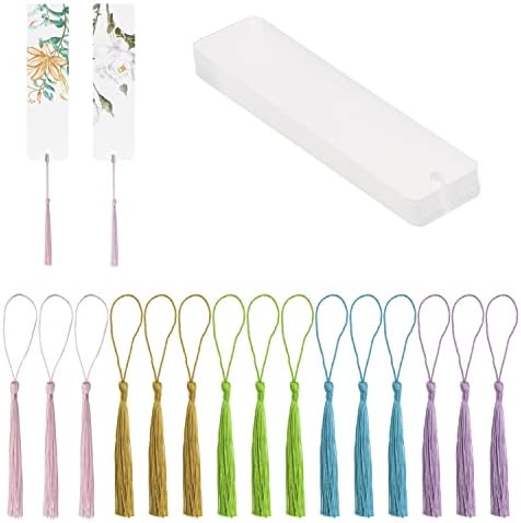 Clear Acrylic Bookmarks Penta Angel 15Pcs Rectangle Plastic Craft Transparent Blank Acrylic Book Markers with 15Pcs Small Bookmark Tassels for DIY Projects and Graduation Gift Tag (15)