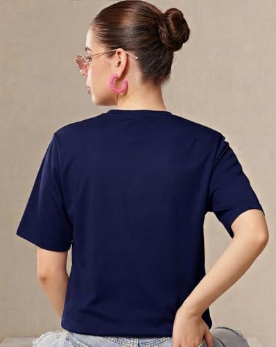 Image of Women's Typography Round Neck Cotton-Blend T-Shirts, Oversized Drop Shoulder Boho Style T-Shirt