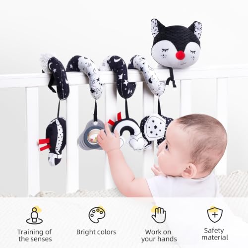 Image of Koty Car Seat Toys, Infant Baby Spiral Plush Activity Hanging Toy for Stroller Bar Pram Crib with Music Box BB Squeaker & Rattles(Black Fox)