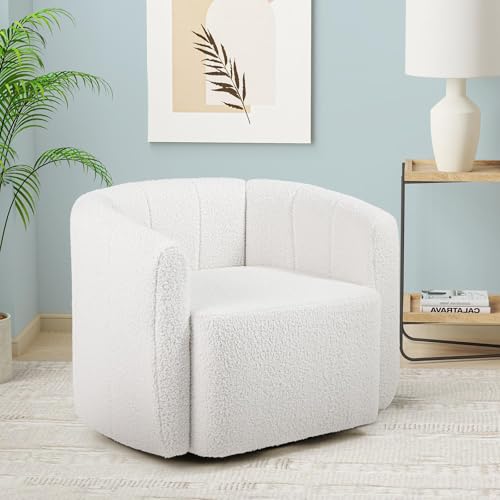 Image of Giantex 360 Swivel Accent Chair Set of 2- Sherpa Upholstered Boucle Barrel Club Chair with Padded Armrests, Modern Round Arm Chair for Reading, Living Room, Bedroom, Office, White Teddy
