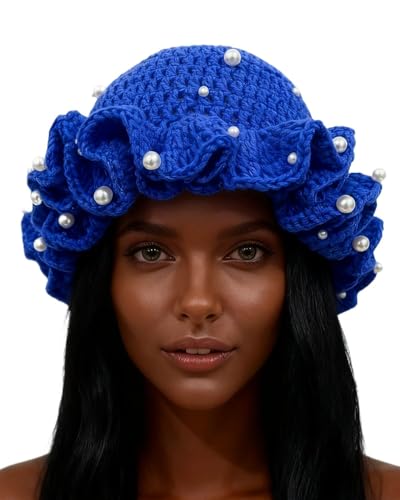 Image of Women Crochet Bucket Hat Cute Winter Ruffled Brim Floppy Cap Handmade Knit Cloche Hats