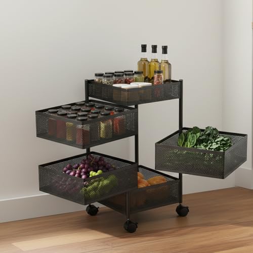 Image of BonKaso 5-Layer Square Multipurpose Kitchen Trolley with Swivel Storage Basket & 360 Rotating Wheels, Black Steel Frame, Easy Mobility, Space-Saving and Durable