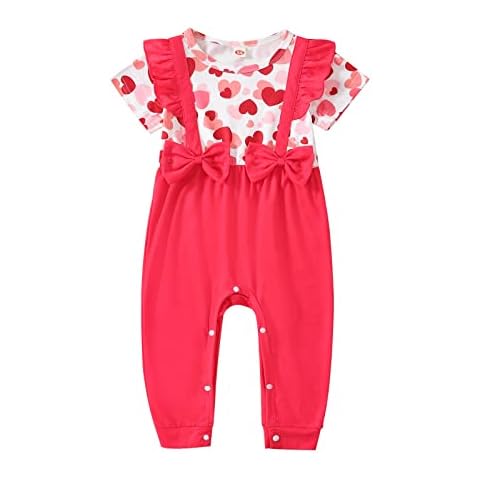 Baby Girls Valentine's Day Outfit Romper Ruffle Sleeve Love Heart Print One Piece Jumpsuit 0-18M Newborn Girl Bodysuit, Pink, 3- 6 Months Cover