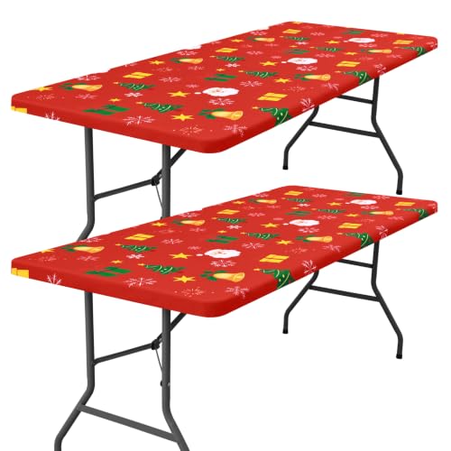 Smiry 2 Pack Rectangle Christmas Table Cloth, Waterproof Elastic Fitted Tablecloths, Washable Polyester Rectangular Patio Table Cover for Christmas Dinner (Christmas Red Santa, 30"x96")