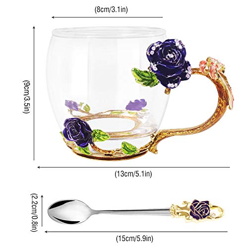 Glass Flower Tea Cup,Flower Enamel Tea Cup with Spoon Set,Handmade Coffee Cute Mug, Red Rose Design Creative Gift for Women,Best Gift for Christmas Birthday Wedding