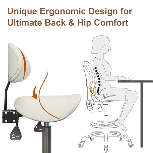 Image of Saddle Stool with Back Support, 350LBS Ergonomic Rolling Chair, Beige | 350 LBS Load, Height Adjustable, 360 Swivel Casters, Ergonomic Backrest, Multi-Use for Salon, Tattoo, Spa, Dentist