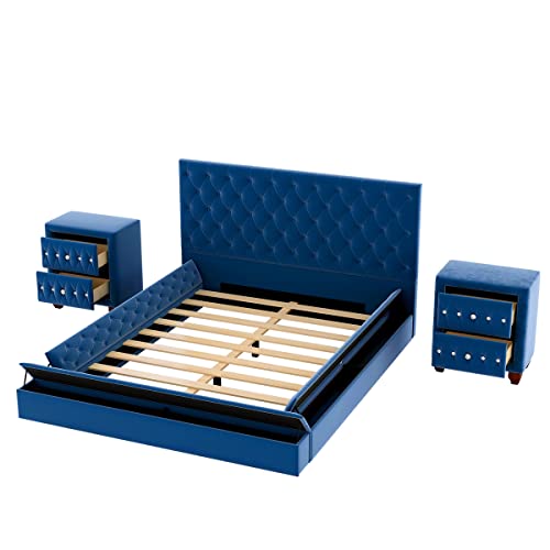 Triple Tree Full Velvet Upholstered Bed With Two Nightstands, Full Size Platform Bed Frame With Headboard And Footboard, Low Profile Full Storage Bed, Wood Slats Support No Box Spring Needed, Blue #TOP6