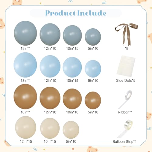 NUTTYBASH Dusty Blue and Brown Balloon Arch Kit, 151Pcs Bear Baby Shower Decorations Macaron Blue Brown Balloons with Bows for Gender Reveal Baby Shower Birthday Decorations — view 5