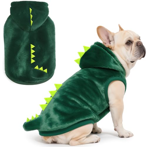 Idepet Dog Halloween Dinosaur Costume,Cute Cosplay Outfit for Small Dogs Fleece Winter Puppy Hoodie Warm Sweater Vest Coat Apparel for Pet Cat Chihuahua Bulldog Pug Yorkie (X-Small)