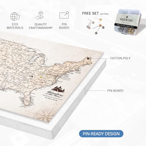 Image of IPIC - Custom USA Map Canvas Wall Art, Personalized Artwork with Names and Message on, Framed Travel Map for Home, Office, or Study, Push in Board Decor for Travel Lovers