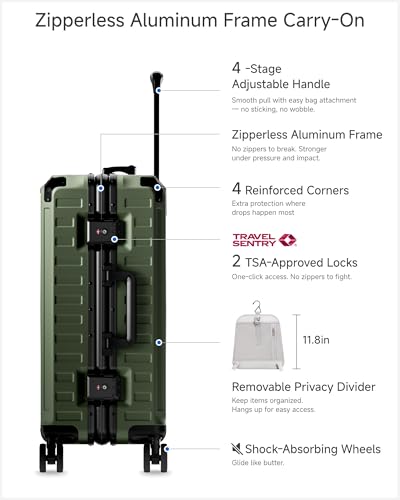Image of LUGGEX Carry On Luggage with Spinner Wheels, 8010S Aluminum Frame Zipperless Polycarbonate Hard Shell Suitcase (ZX-Core, Green, 21 Inch)