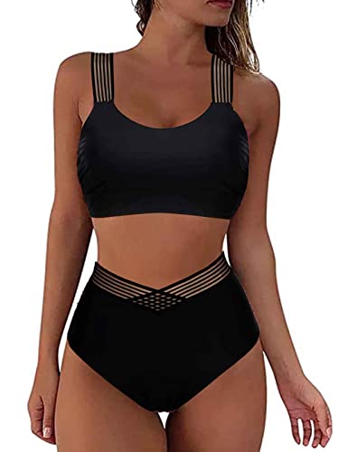 Yutdeng Bikini Mujer Reductor Push Up Traje de Baño Braga Alta Bañador Bandeau 2 Piezas Bikini Top con Relleno Sexy Biquini Brasileño Malla Rayas Conjuntos de Baño de Playa Deportivo