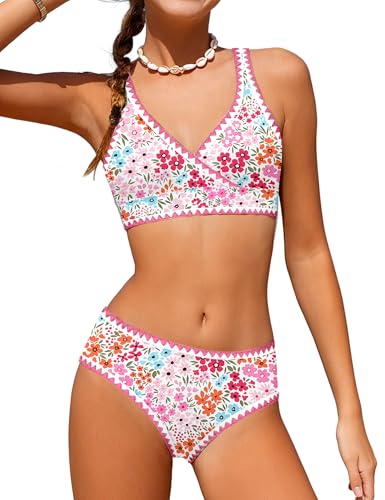 Image of KANGKANG Girls Swimsuit Bikini Set Solid Color V-Neck Two Piece Bathing Suit with Chest Pad Adjustable Straps Swimwear 7-16T