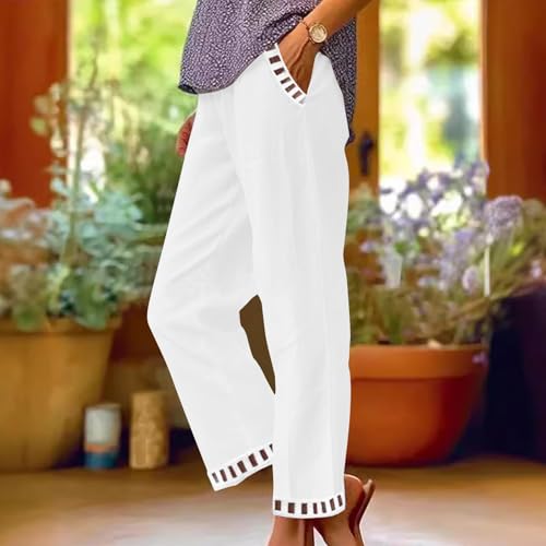 Image of Linen Pants Women Petite Straight Leg Pants Summer Beach High Waisted Pant Vacation Wide Leg Trousers with Pockets