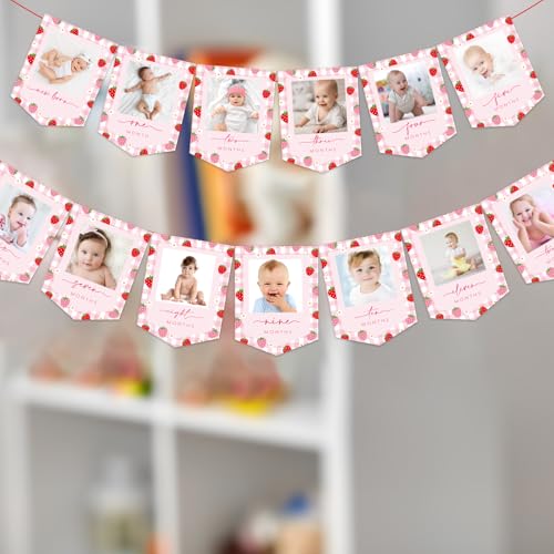 Image of JarThenaAMCS 2Pcs Strawberry Photo Banners Pink Red Plaid Daisy Strawberry Banner Newborn to 12 Months Picture Display Garland for 1st Birthday Decoration