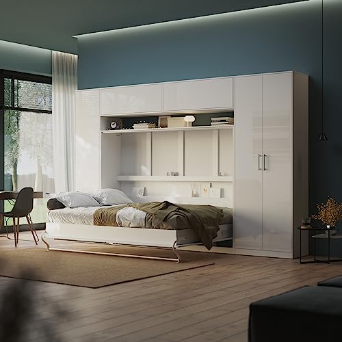 SMARTBett WOHNWAND Schlafzimmer 5-TLG. Set inkl. SCHRANKBETT 140x200cm Querbett + 4 Schränke Weiss/Weiss Hochglanz
