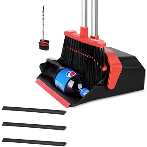 Tiumso Upgrade Broom and Dustpan Set with 51'' Long Handle, Large Upright Brooms and Dust Pans, ZeroGap Lip, Self-Cleaning Dustpan Teeth with 3 pcs Rubber Strip Replacement for Lobby Kitchen Cover