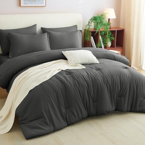 CozyLux King Size Comforter Set Dark Grey, 7 Pieces Bed in a Bag King Comforter Set with Sheets, Bedding Set with Down Alternative Comforter, Fitted Sheets, Flat Sheets, Pillow Shams and Pillowcases