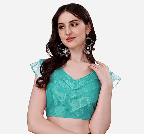 Image of Pujia Mills Women's V Neck Orgenza Three Layer Ruffle Sleeve Frill Readymade Saree Blouse