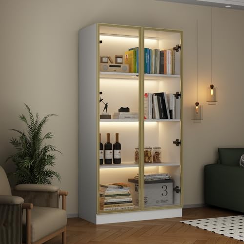 FAMAPY Display Cabinet with Glass Doors and Lights, Glass Display