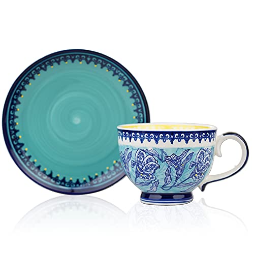 Taimei Teatime Ceramic Cup and Saucer Set, 14.5 oz Large Tea Cup and Saucer Set in British Rural Style with Handpainted Floral Pattern, Coffee Cup for Tea, Cappuccino, Latte,Green