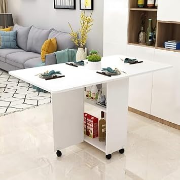Folding Drop Leaf Dining Table with 6 Wheels and 2-Layer Storage Shelf, Space Saving Table for Small Spaces (White, 47.2 inch D x 23.6 inch W x 30.3 inch H)
