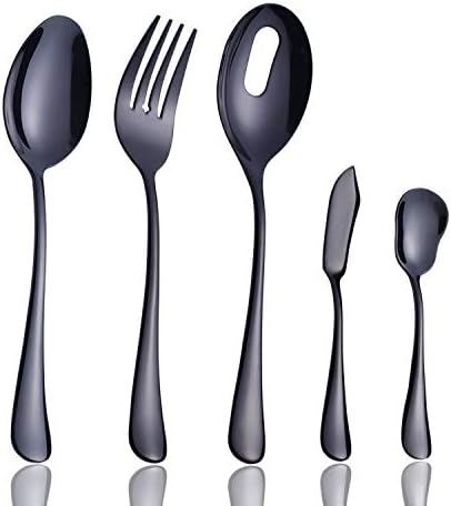 Onlycooker Serving Set 5-Piece Hostess Set, Black Serving Utensils 18/10 Stainless Steel Server Flatware Silverware with Large Serving Fork Slotted Spoon Butter Knife Sugar Spoon Dishwasher Safe