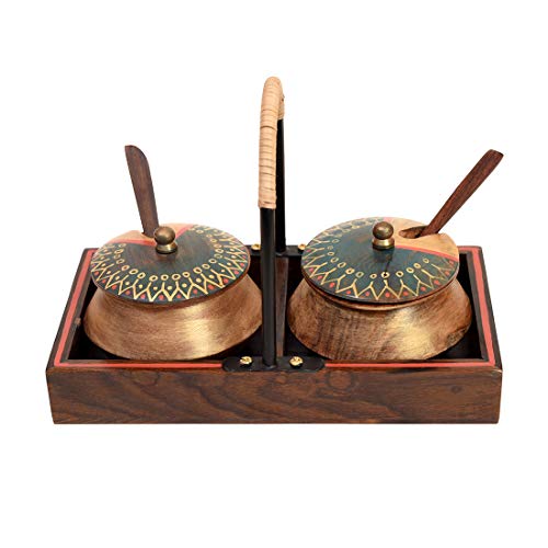 Image of AAKRITI ART CREATIONS Wooden Handi Set with Stylish Metal Handle Tray | Abstract Art Brown Matte Finish | Metal & Wood Handcrafted Serving Set | Decorative Kitchen & Dining Table Organizer