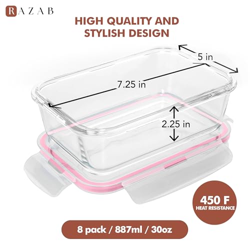 Image of Razab 16 Pc (Set of 8) 30 Oz Glass Meal Prep Containers with Lids, Airtight Large Glass Food Storage Containers, Reusable Leak Proof BPA Free, Freezer to Oven and Dishwasher Safe