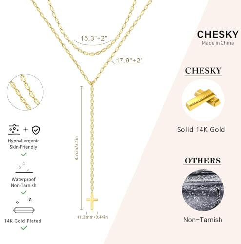 Image of CHESKY Long Necklaces for Women, 14k Gold Plated /Streling Silver Lariat Necklace Dainty Statement Prom Necklace Rosary Cross Sun Drop Pendant Dangle Necklace Gold Prom Jewelry for Women Gifts