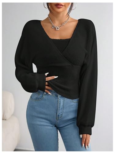 Women's 2 in 1 Sweater Y2k Cut Out Wrap V Neck Long Sleeve Pullover Tops3