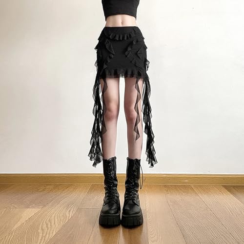 Womens High Waist Mesh Ruffle Trim Bodycon Short Skirt Aesthetic Asymmetrical Ribbon Fringed Package Hip Black Skirts3