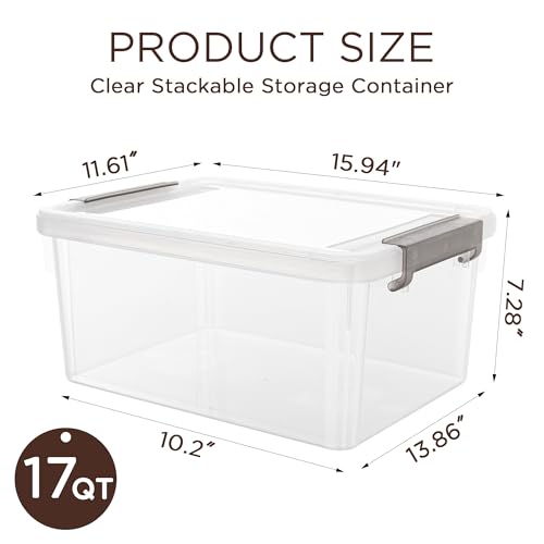Image of Citylife 17 QT 5 Pack Large Storage Bins with Lids, Plastic Storage Container Stackable Box with Locking Latches for Home, Office, Closet & Pantry Organization, Clear White