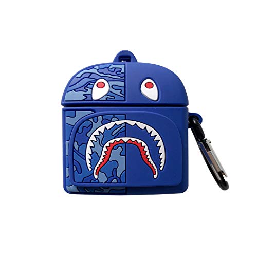 airpods Pro case Soft Silicone, 3D Cute Cartoon camo Shark Skin, with Keychain Fashion Protective Cover (Blue White)