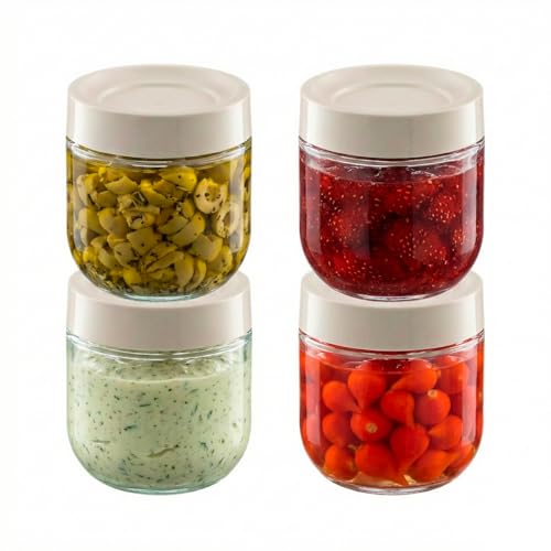 Decolab Kit 4 Potes 250ml Herméticos Vidro BPA Free - Organizador de Cozinha, Despensa, Porta Temperos, Mantimentos (Branco-creme)