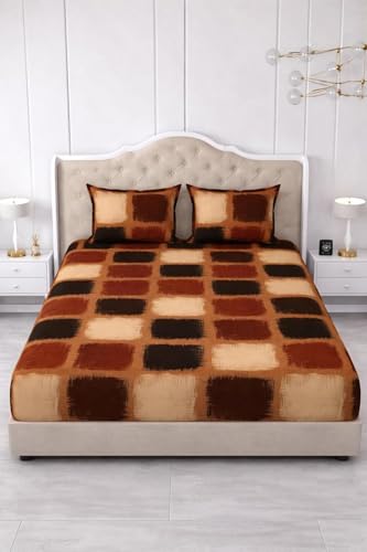 Image of 300 TC Cotton Feel Glace Cotton Elastic Fitted Bedsheet for King Size Double Bed | Fits up to 8 Inch Mattress | Printed Bedsheet with 2 Pillow Covers (Coffee Box, Queen Size - 60 inchx78 inch)